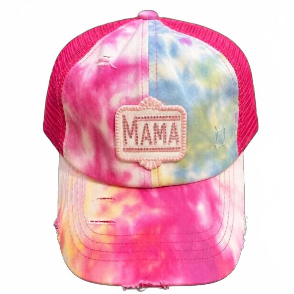 NEW CC BEANIES rhinestone mama criss cross ponytail trucker cap in tie-dye pink